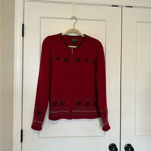 Vintage Woolrich Wool Red Cardigan with Brown Moose Pattern